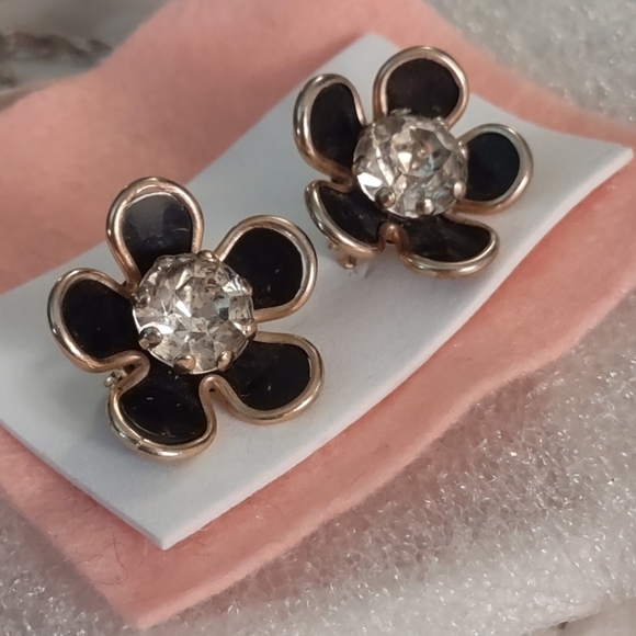 Scatter Pin Set Black Enamel Flower Rhinestone - Picture 6 of 11